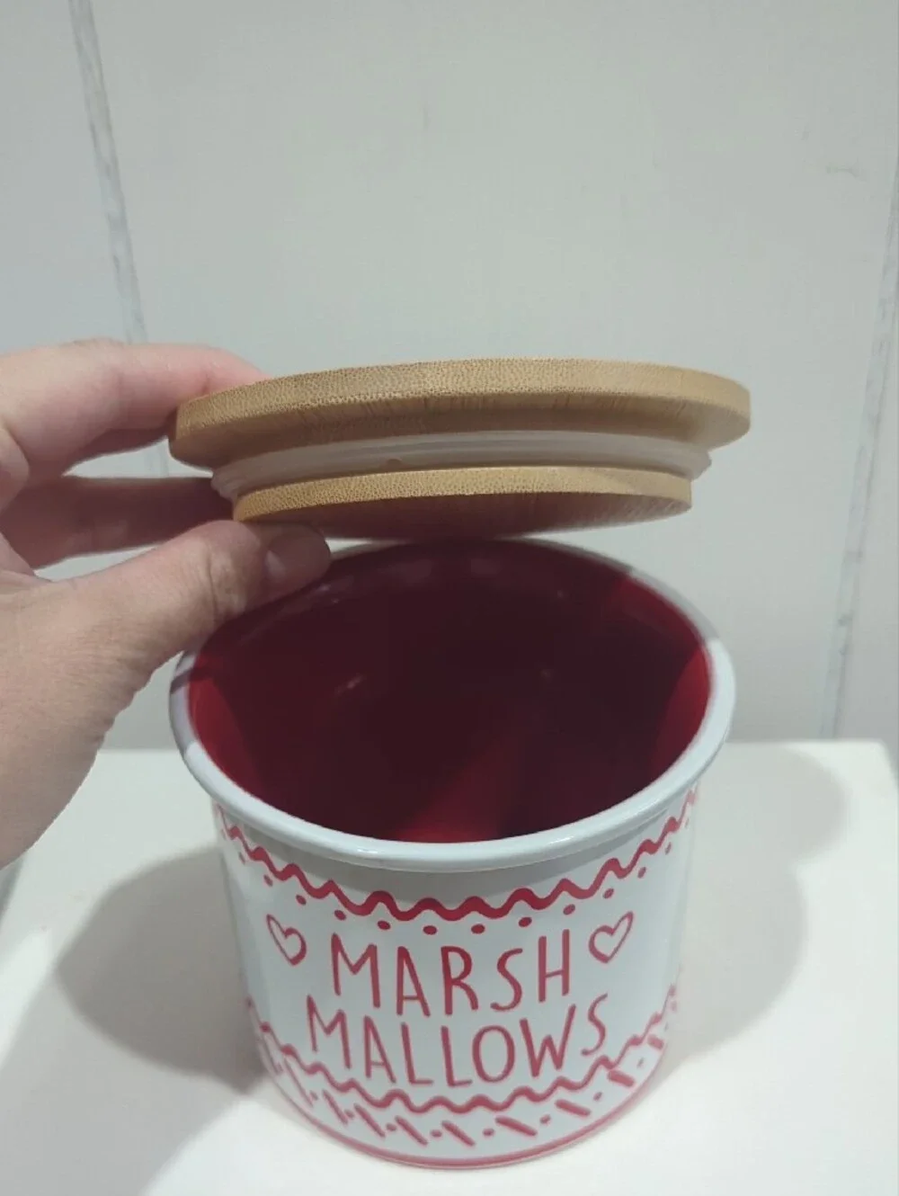 Marshmallows Ceramic Storage Jar with Bamboo Lid - White and Red